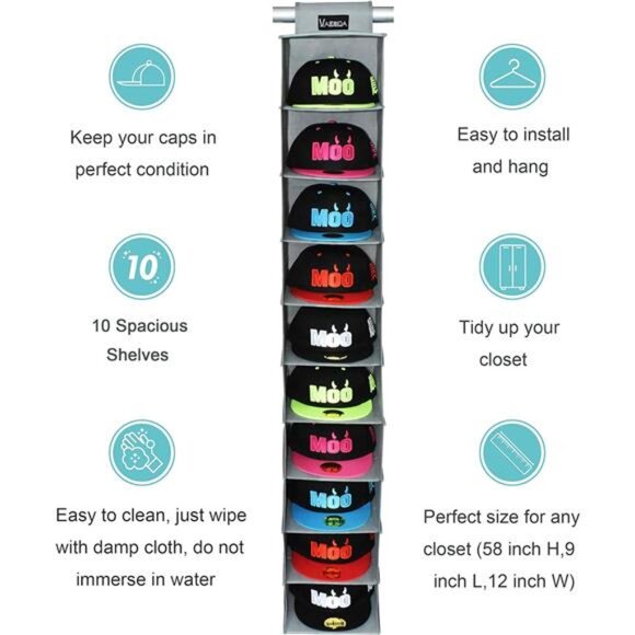 10 Shelf Hat Rack Hanging Closet/Organizer for Storage - Best Baseball Cap - Picture 6 of 8